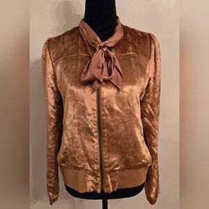 Chelsea28 Velvet Bomber Style Jackets With Satin Neck Bow Caramel Brown Sz Small
